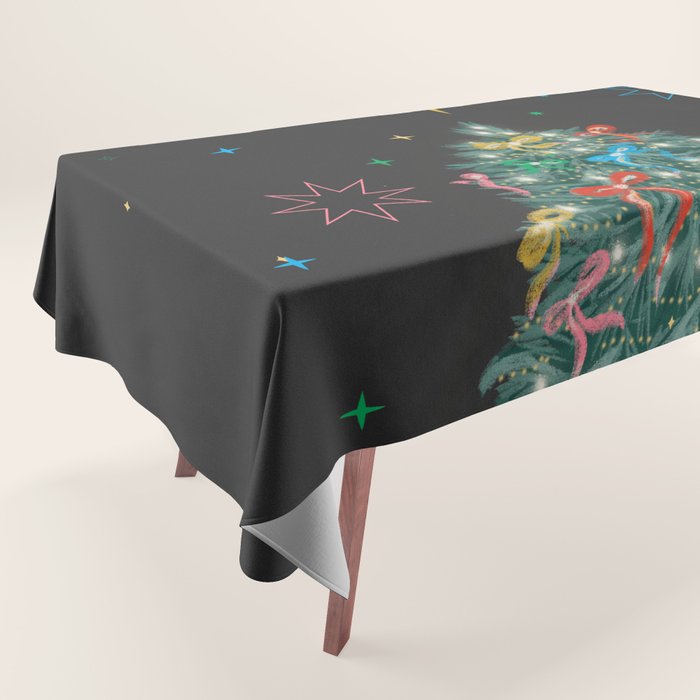 Colorful Christmas Tree with Bows and Stars on Black Background Tablecloth Gallery Image 1