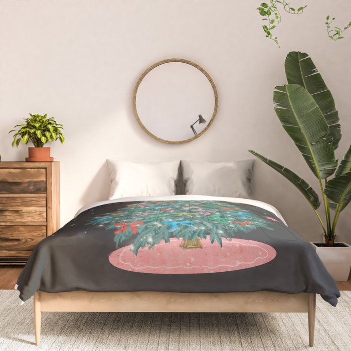 Colorful Christmas Tree with Bows and Stars on Black Background Comforter Gallery Image 3