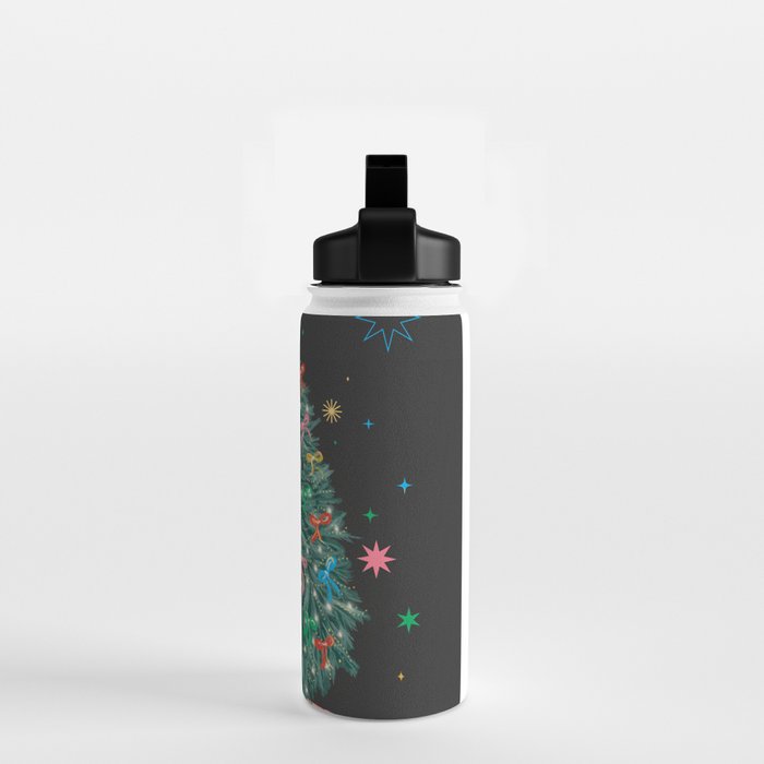 Colorful Christmas Tree with Bows and Stars on Black Background Water Bottle Gallery Image 2