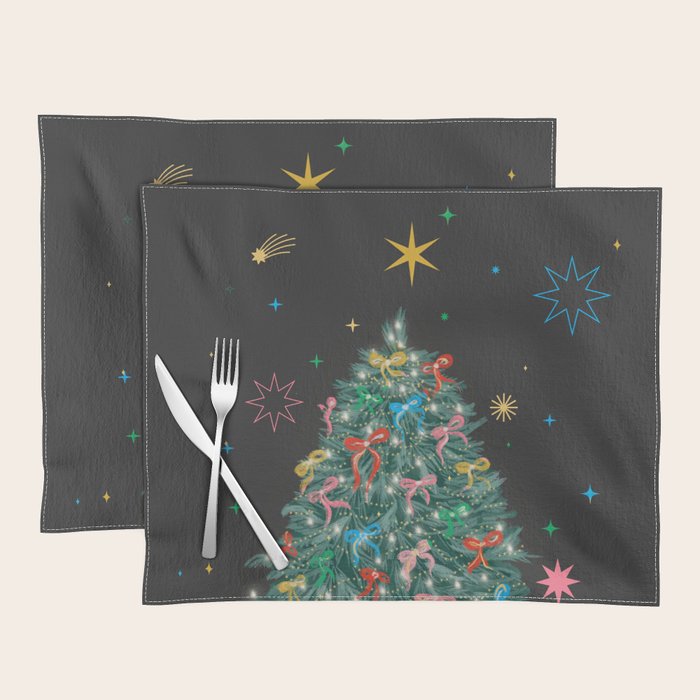 Colorful Christmas Tree with Bows and Stars on Black Background Placemat Gallery Image 1