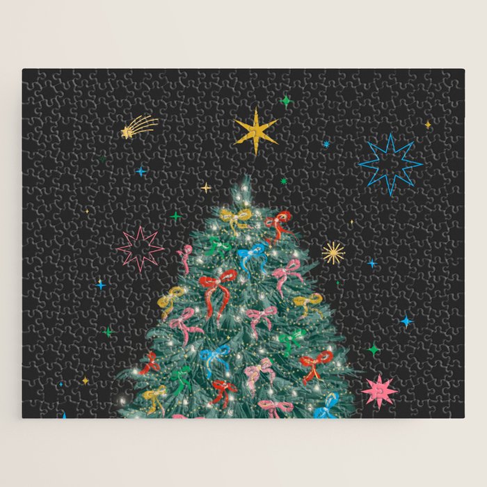 Colorful Christmas Tree with Bows and Stars on Black Background Jigsaw Puzzle Gallery Image 1