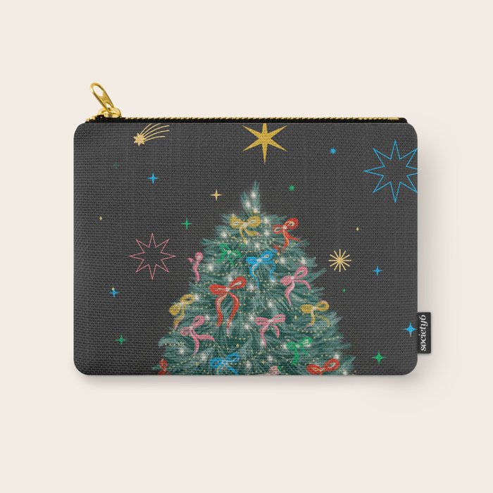 Colorful Christmas Tree with Bows and Stars on Black Background Carry All Pouch Gallery Image 1
