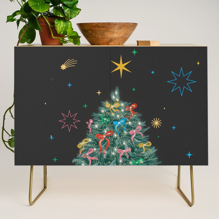 Colorful Christmas Tree with Bows and Stars on Black Background Credenza Gallery Image 1