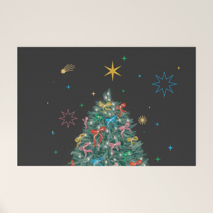 Colorful Christmas Tree with Bows and Stars on Black Background Welcome Mat Gallery Image 1
