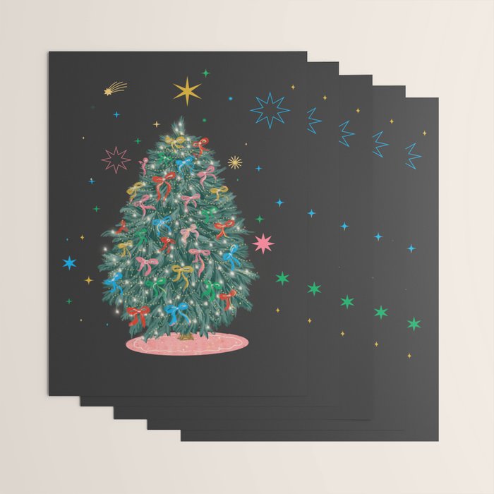 Colorful Christmas Tree with Bows and Stars on Black Background Wrapping Paper Gallery Image 3