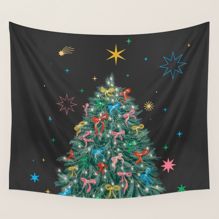Colorful Christmas Tree with Bows and Stars on Black Background Wall Tapestry Gallery Image 1