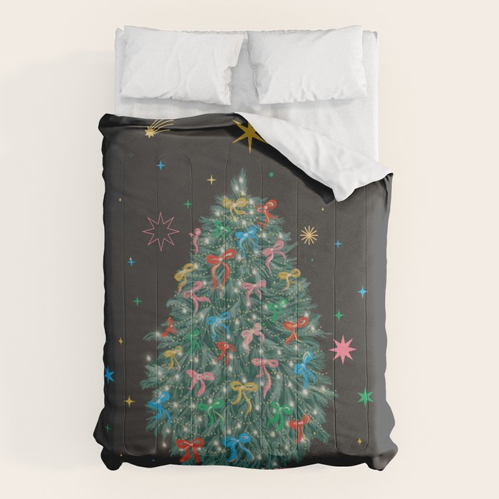 Colorful Christmas Tree with Bows and Stars on Black Background Comforter Gallery Image 1