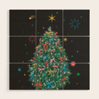 Colorful Christmas Tree with Bows and Stars on Black Background Wood Wall Art Gallery Image 1