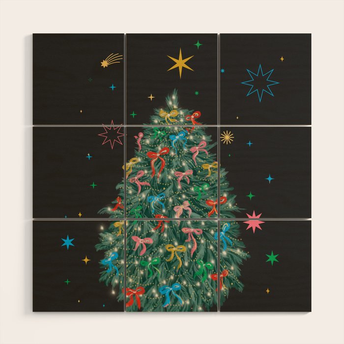 Colorful Christmas Tree with Bows and Stars on Black Background Wood Wall Art Gallery Image 1