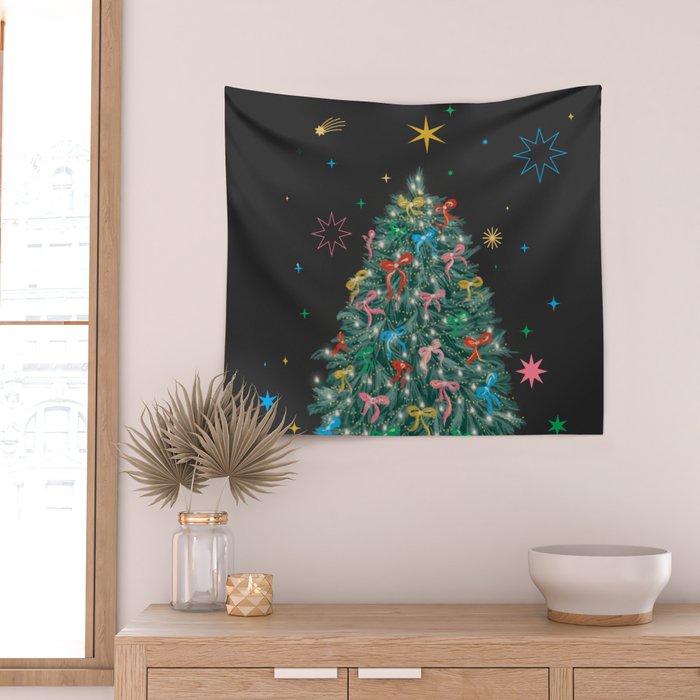 Colorful Christmas Tree with Bows and Stars on Black Background Wall Tapestry Gallery Image 2