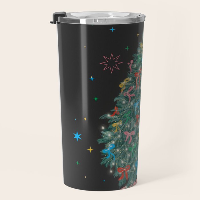 Colorful Christmas Tree with Bows and Stars on Black Background Travel Mug Gallery Image 3