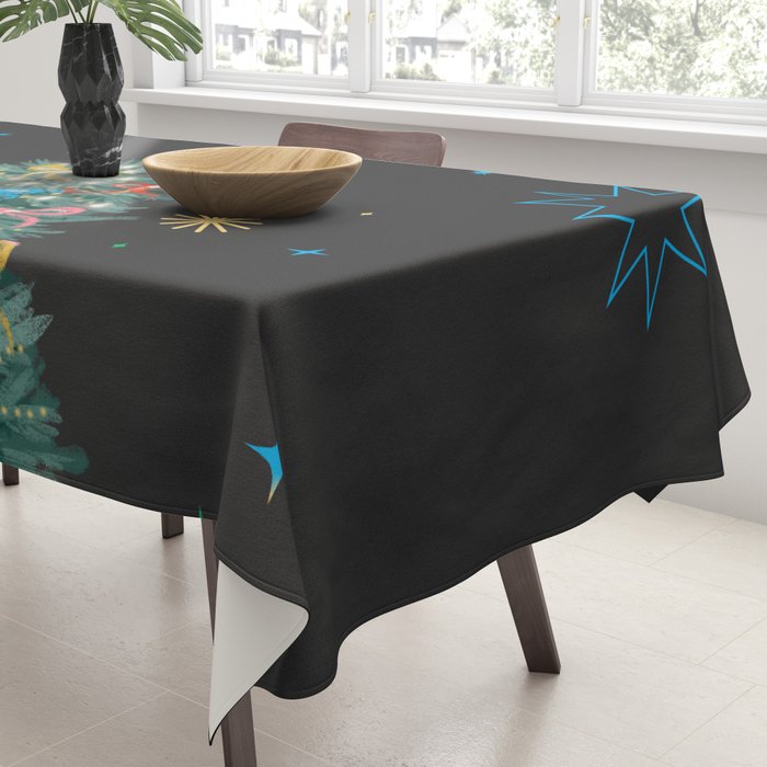 Colorful Christmas Tree with Bows and Stars on Black Background Tablecloth Gallery Image 3
