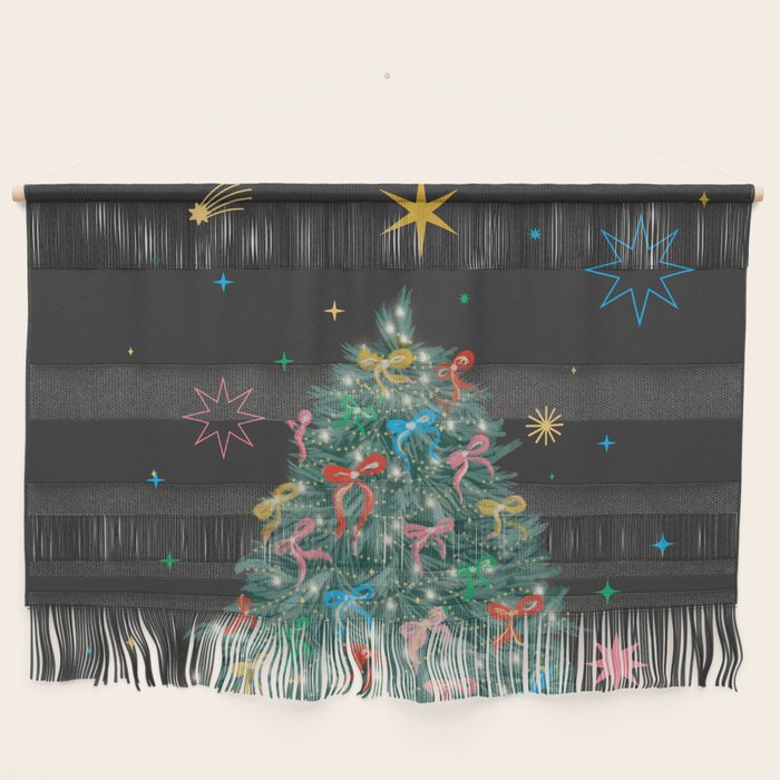 Colorful Christmas Tree with Bows and Stars on Black Background Wall Hanging Gallery Image 1