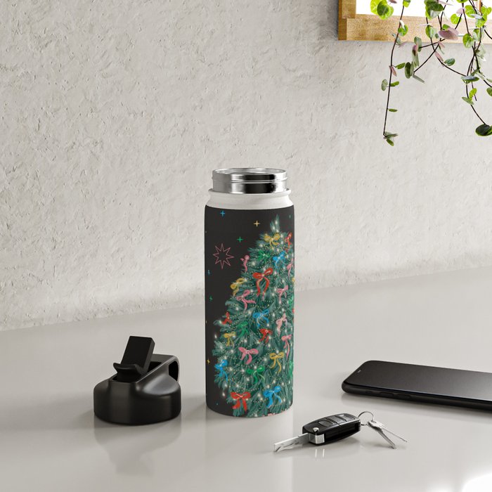 Colorful Christmas Tree with Bows and Stars on Black Background Water Bottle Gallery Image 4