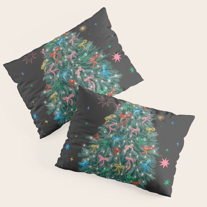 Colorful Christmas Tree with Bows and Stars on Black Background Pillow Sham Gallery Image 3
