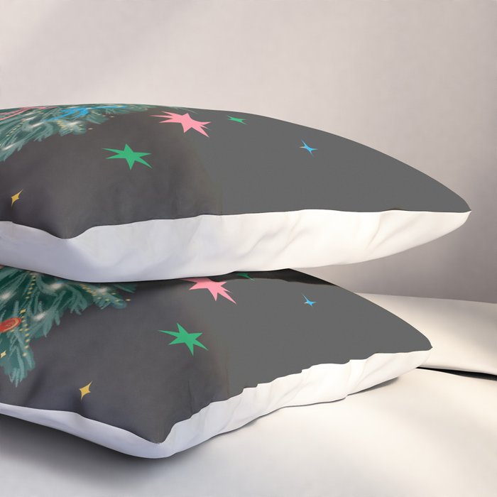 Colorful Christmas Tree with Bows and Stars on Black Background Pillow Sham Gallery Image 3
