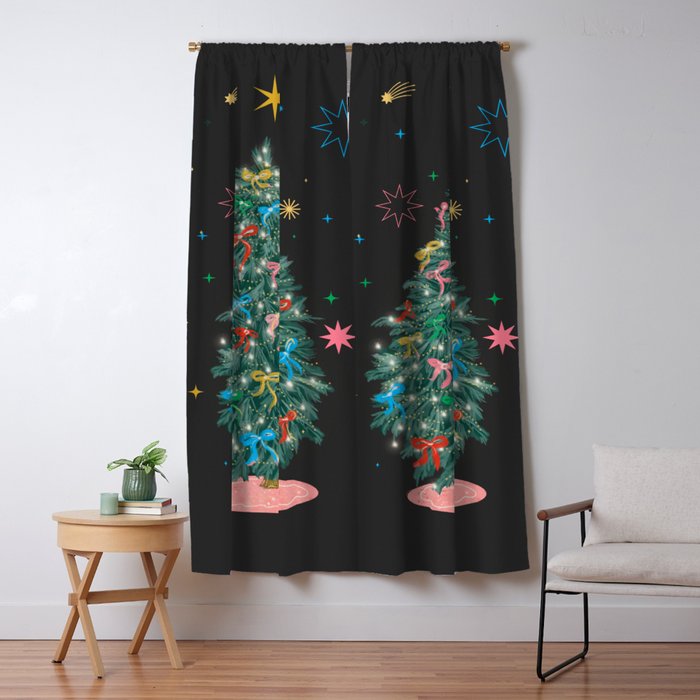Colorful Christmas Tree with Bows and Stars on Black Background Window Curtain Gallery Image 1