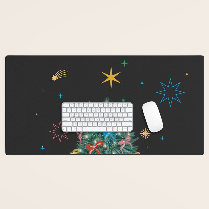 Colorful Christmas Tree with Bows and Stars on Black Background Desk Mat Gallery Image 1