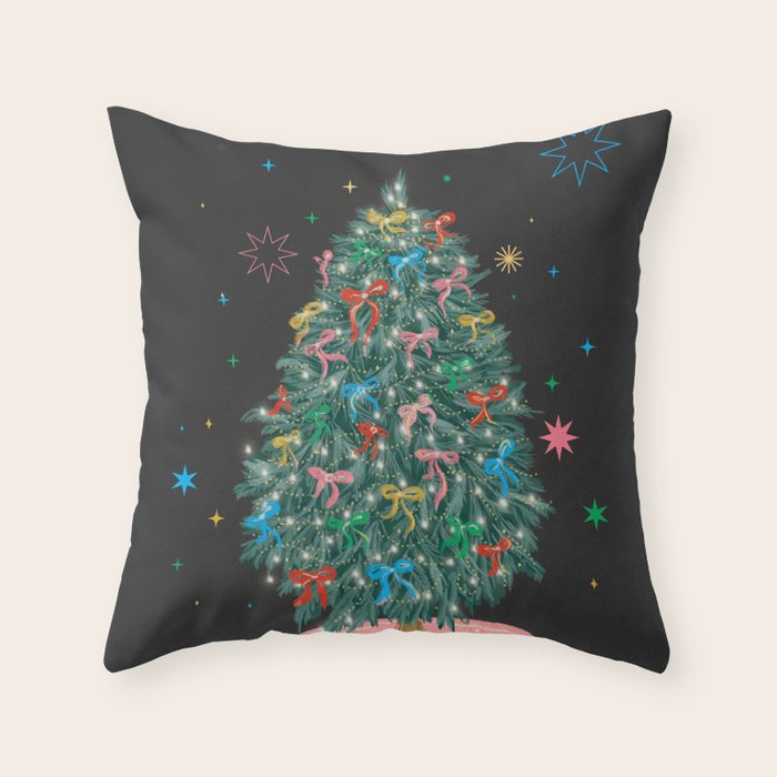 Colorful Christmas Tree with Bows and Stars on Black Background Throw Pillow Gallery Image 6
