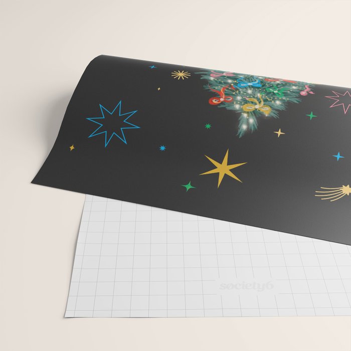 Colorful Christmas Tree with Bows and Stars on Black Background Wrapping Paper Gallery Image 2