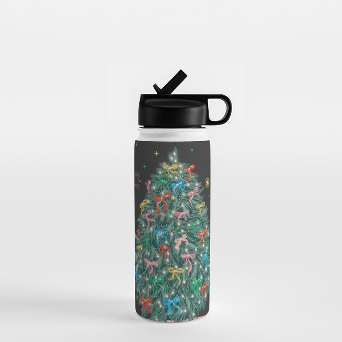 Colorful Christmas Tree with Bows and Stars on Black Background Water Bottle Gallery Image 1