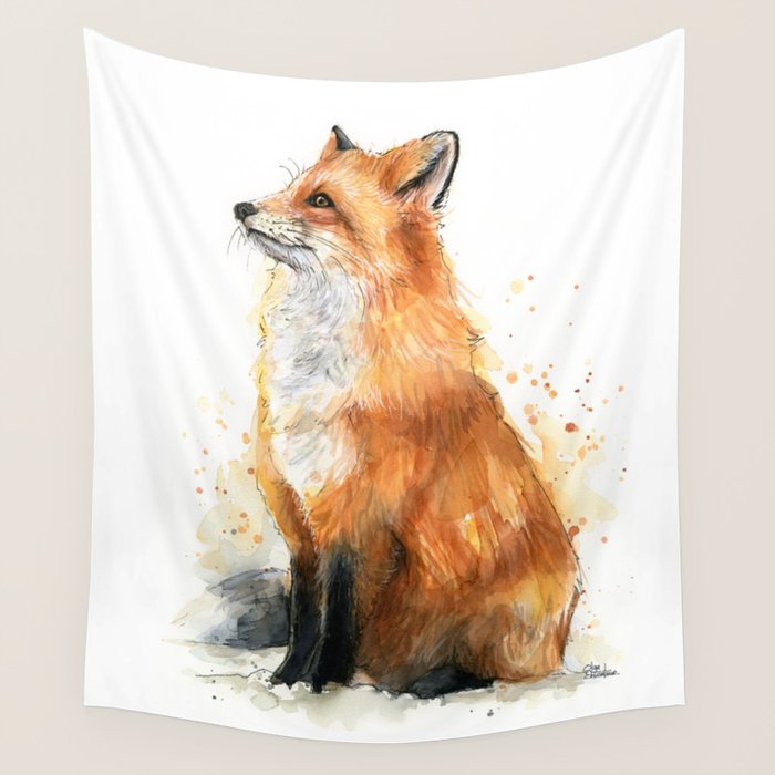 Fox Watercolor Red Fox Painting Wall Tapestry Gallery Image 1