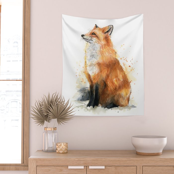 Fox Watercolor Red Fox Painting Wall Tapestry Gallery Image 2