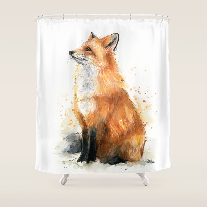 Fox Watercolor Red Fox Painting Shower Curtain Gallery Image 1