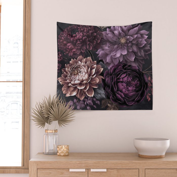 Moody Flowers Burgundy Purple Pink Wall Tapestry Gallery Image 2