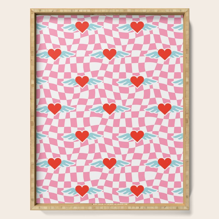 Red love heart checkered pattern Serving Tray Gallery Image 1