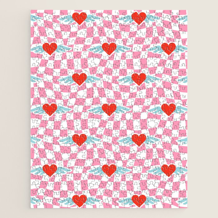 Red love heart checkered pattern Jigsaw Puzzle Gallery Image 1