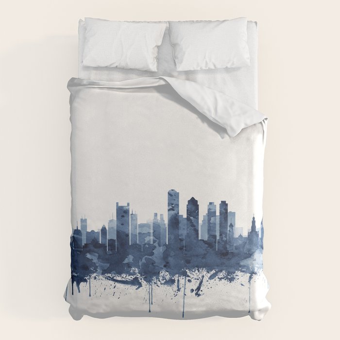 Boston Skyline Watercolor Blue, Art Print By Synplus Duvet Cover Gallery Image 1