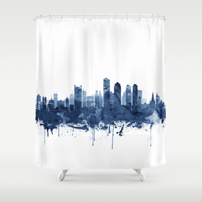 Boston Skyline Watercolor Blue, Art Print By Synplus Shower Curtain Gallery Image 1