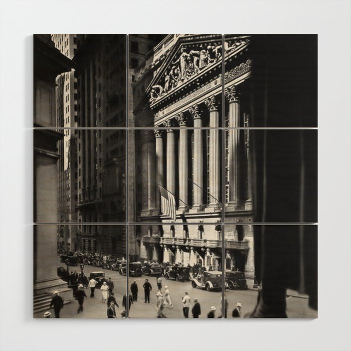 Wall Street, Stock Exchange, New York, New York black and white photograph Wood Wall Art Gallery Image 1