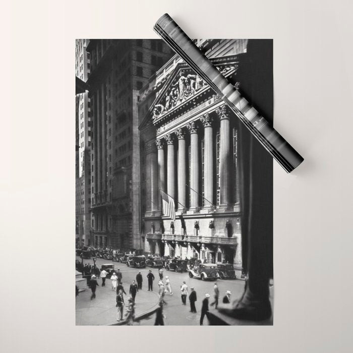Wall Street, Stock Exchange, New York, New York black and white photograph Wrapping Paper Gallery Image 1