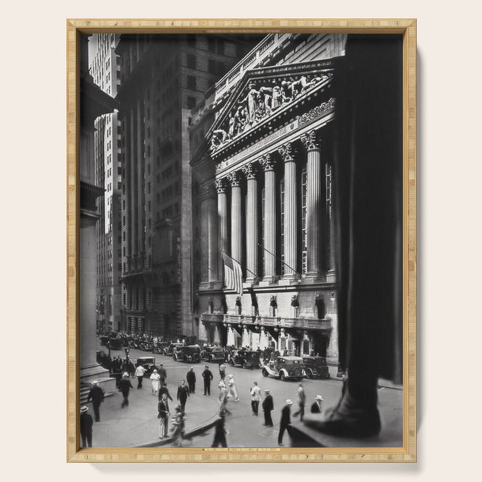 Wall Street, Stock Exchange, New York, New York black and white photograph Serving Tray Gallery Image 1