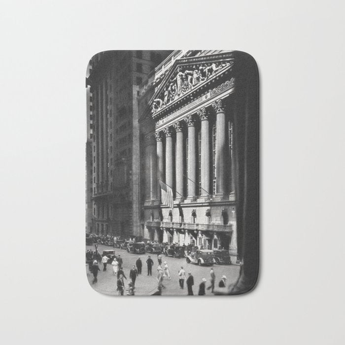 Wall Street, Stock Exchange, New York, New York black and white photograph Bath Mat Gallery Image 1
