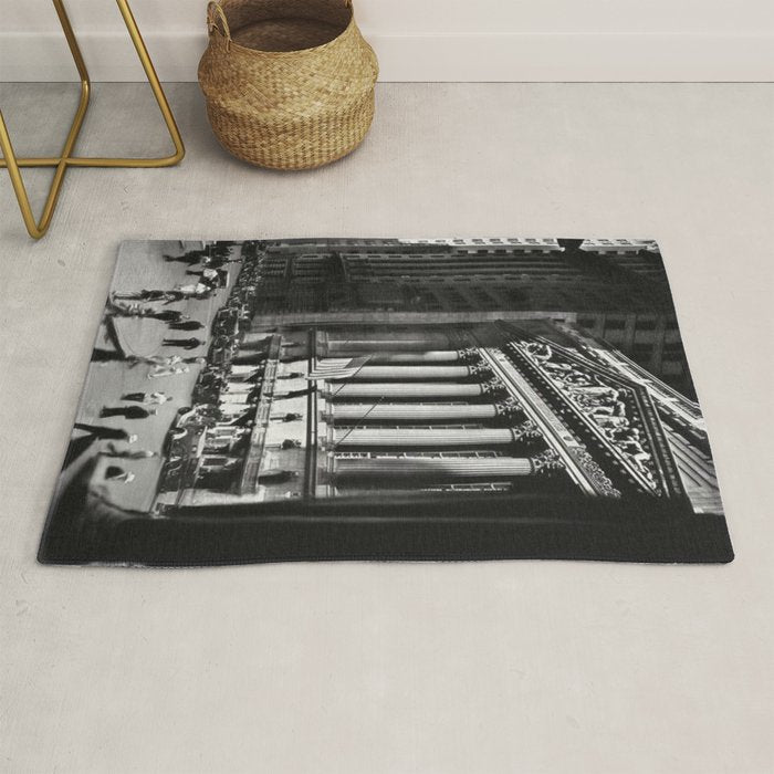 Wall Street, Stock Exchange, New York, New York black and white photograph Rug Gallery Image 1