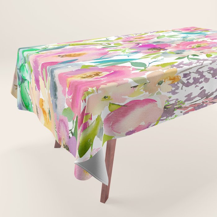 Hand painted pink lavender lilac teal watercolor elegant floral Tablecloth Gallery Image 1