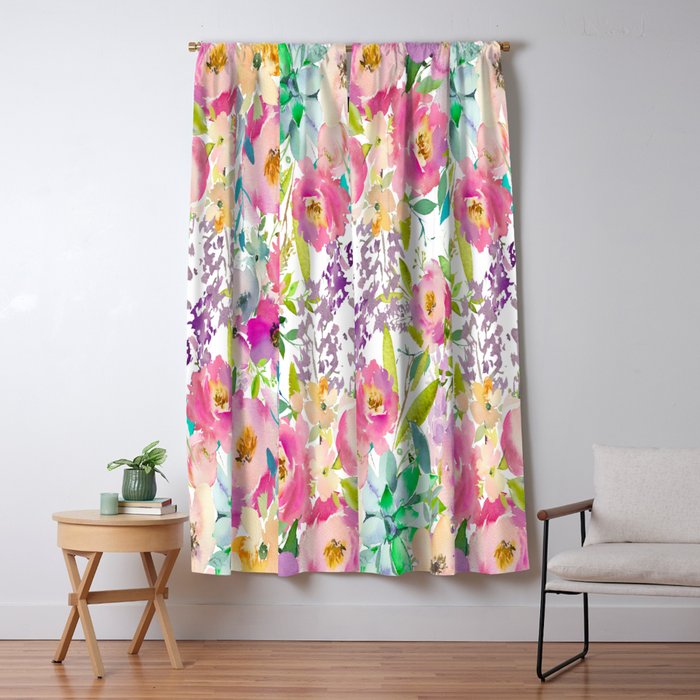 Hand painted pink lavender lilac teal watercolor elegant floral Window Curtain Gallery Image 1