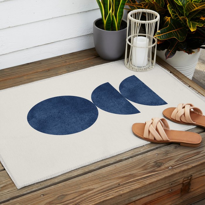 Woodblock navy blue Mid century modern Outdoor Rug Gallery Image 2