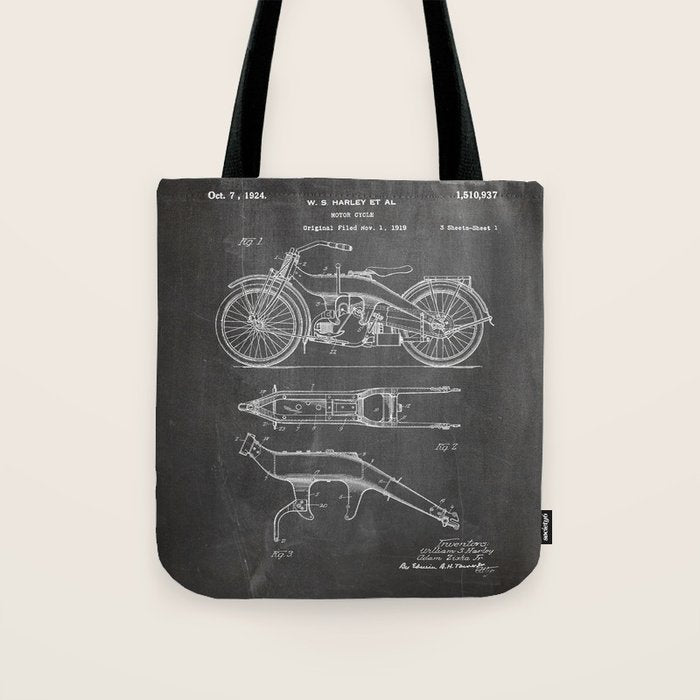 Harley Motorcycle Patent - Harley Bike Art - Black Chalkboard Tote Bag Gallery Image 1