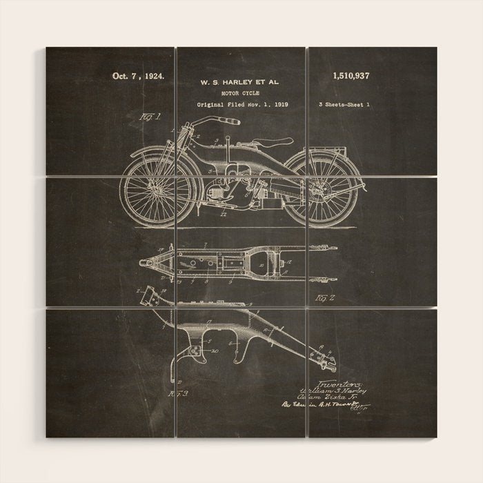 Harley Motorcycle Patent - Harley Bike Art - Black Chalkboard Wood Wall Art Gallery Image 1