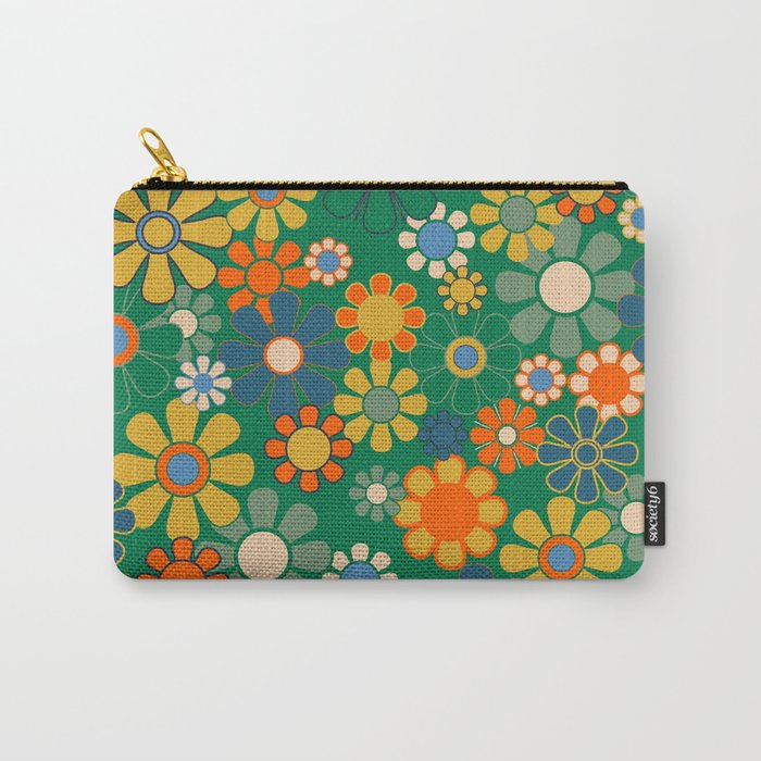 Retro Garden Flowers Groovy Green 60s 70s Floral Pattern Carry All Pouch Gallery Image 1