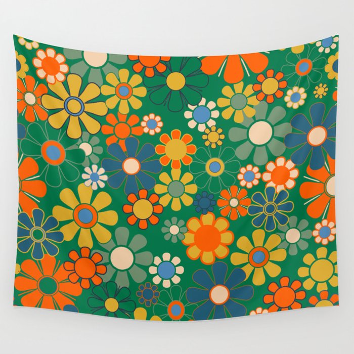 Retro Garden Flowers Groovy Green 60s 70s Floral Pattern Wall Tapestry Gallery Image 4