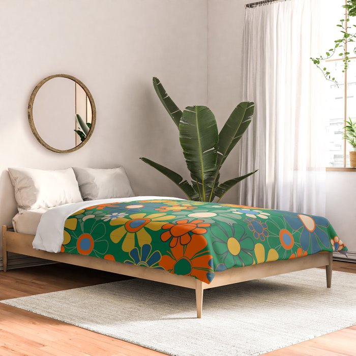 Retro Garden Flowers Groovy Green 60s 70s Floral Pattern Comforter Gallery Image 2