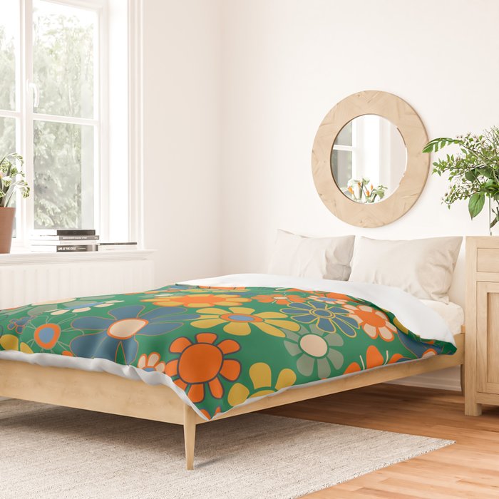 Retro Garden Flowers Groovy Green 60s 70s Floral Pattern Duvet Cover Gallery Image 2