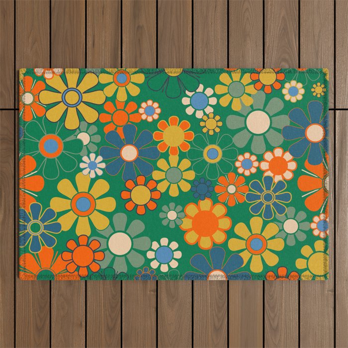 Retro Garden Flowers Groovy Green 60s 70s Floral Pattern Outdoor Rug Gallery Image 1