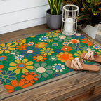 Retro Garden Flowers Groovy Green 60s 70s Floral Pattern Outdoor Rug Gallery Image 2