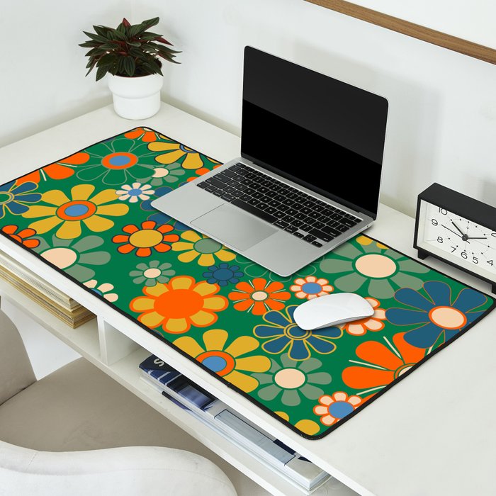 Retro Garden Flowers Groovy Green 60s 70s Floral Pattern Desk Mat Gallery Image 2